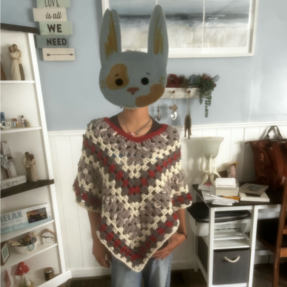 Eye of the Poncho- red, grey, cream poncho.